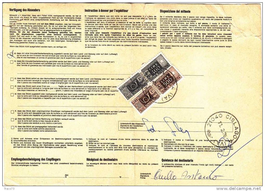 SVIZZERA  /  ITALIA  -  Pacchi Postali  -  04.02.1977 - FR. 10 + 3 + 5 + Lire 400 + 500 - Postal Parcels