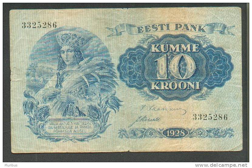 1928 ESTONIA 10 KROONI  BANKNOTE, WOMAN IN FOLK COSTUME WITH SICKLE, HARVEST - Estonia