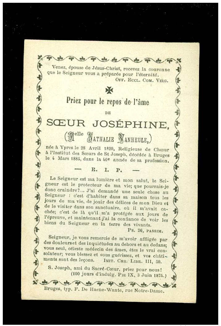 Doodsprentje ( 3889 ) Religieuse Soeur Non Zuster Joséphine ( Vanheule ) - Ypres Ieper Brugge Bruges - Ange Gardien 1885 - Santini