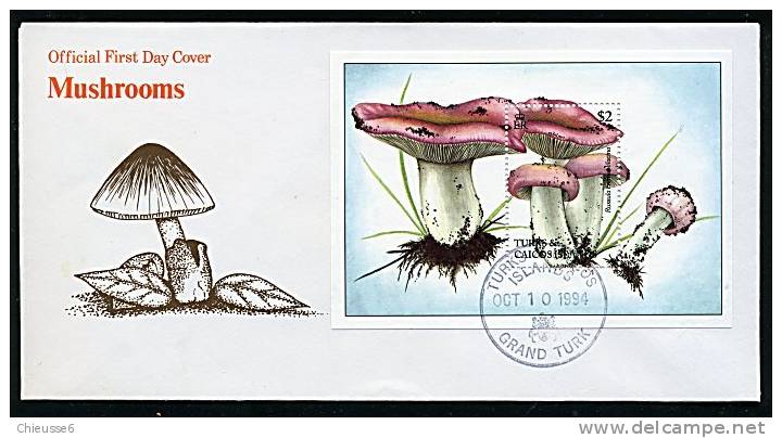 Turks Et Caiques Ob Bloc N° 136 Sur Enveloppe 1er Jour - Champignons (3 P48) - Turks E Caicos