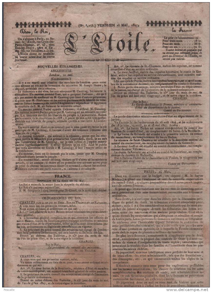 L´ETOILE 25 05 1827 - CONSEIL D'ETAT - DIRECTION GENERALE DES POUDRES  - MARINE - HISTOIRE DE LA FRONDE SAINT AULAIRE - - 1800 - 1849
