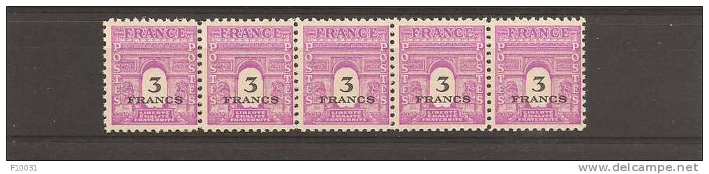 Timbre France N° 711** En Bloc De 5 - 1944-45 Arc Of Triomphe