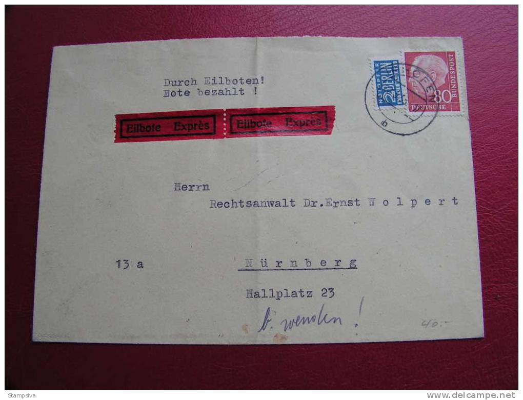 == BRD , EF Heuss 80  Pf. Express - Nach Nürmberg  1955    Bahnpost Auf Der Rückseite - Covers & Documents