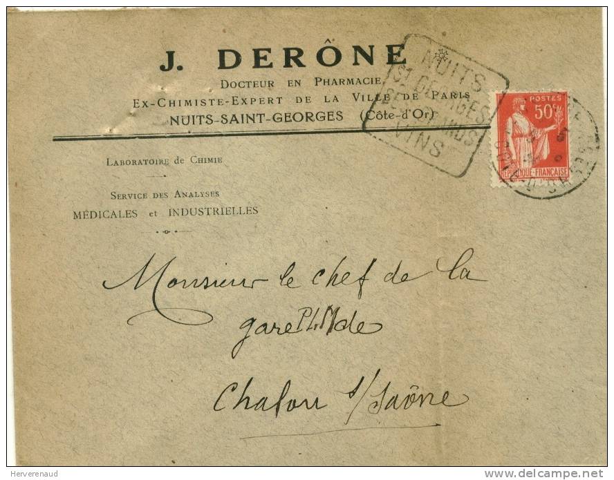 Paix N°283 Sur Lettre Du Docteur Derône , Pour Chalon-sur-Saône + Daguin Nuits-St Georges - 1932-39 Vrede