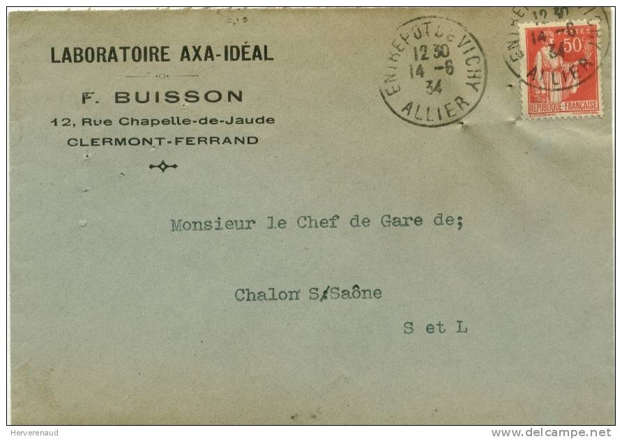 Paix N°283 Sur Lettre Du Laboratoire Axa-Idéal à Clermont-Ferrand , Pour Chalon-sur-Saône + Obl. Vichy - 1932-39 Vrede