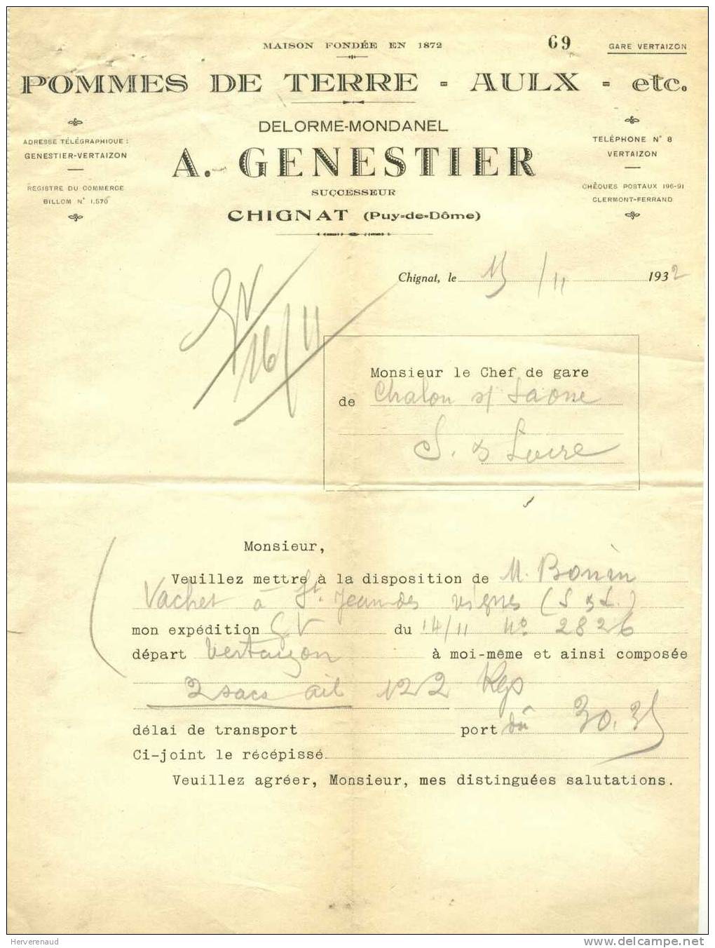 Semeuse N°199 Sur Lettre De Chignat (Puy-de-Dome) à Chalon-sur-Saône +obl. Convoyeur St Etienne à Clermont-Ferrand - 1932-39 Vrede