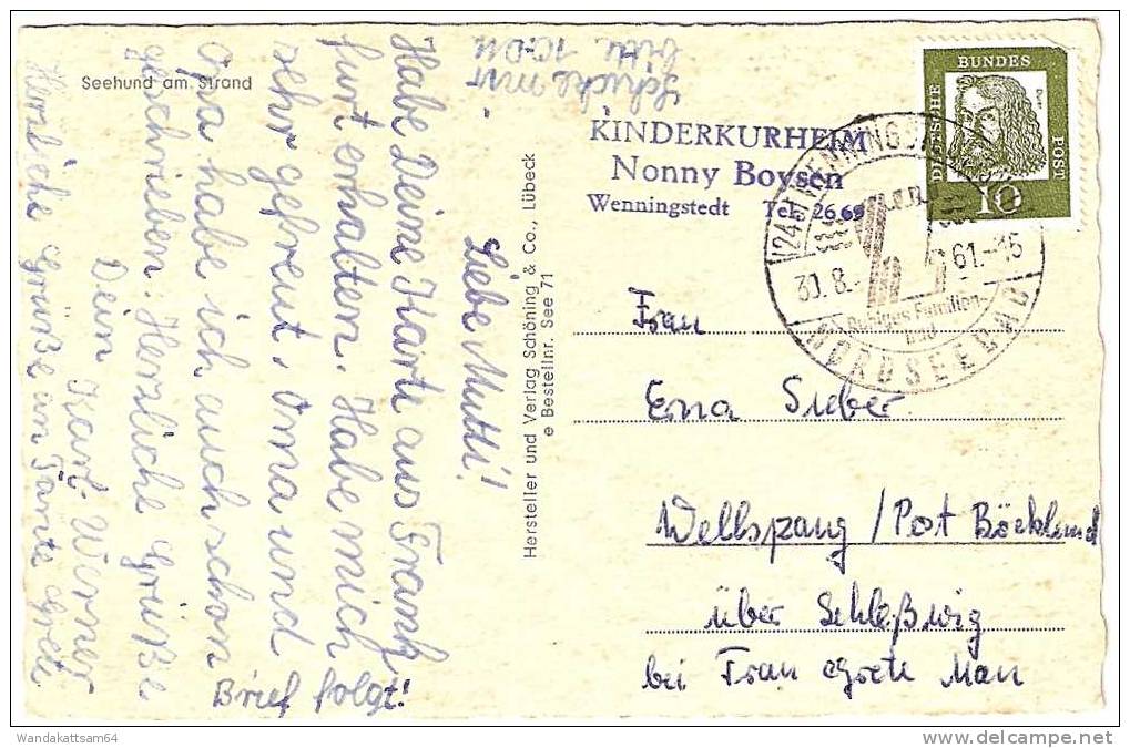 AK 71 Seehund Am Strand 30.8.61.  - 15 (24b) WENNIGSTEDT (SYLT) NORDSEEBAD Ruhiges Familien-bad Werbestempel KINDERKURHE - Nordfriesland