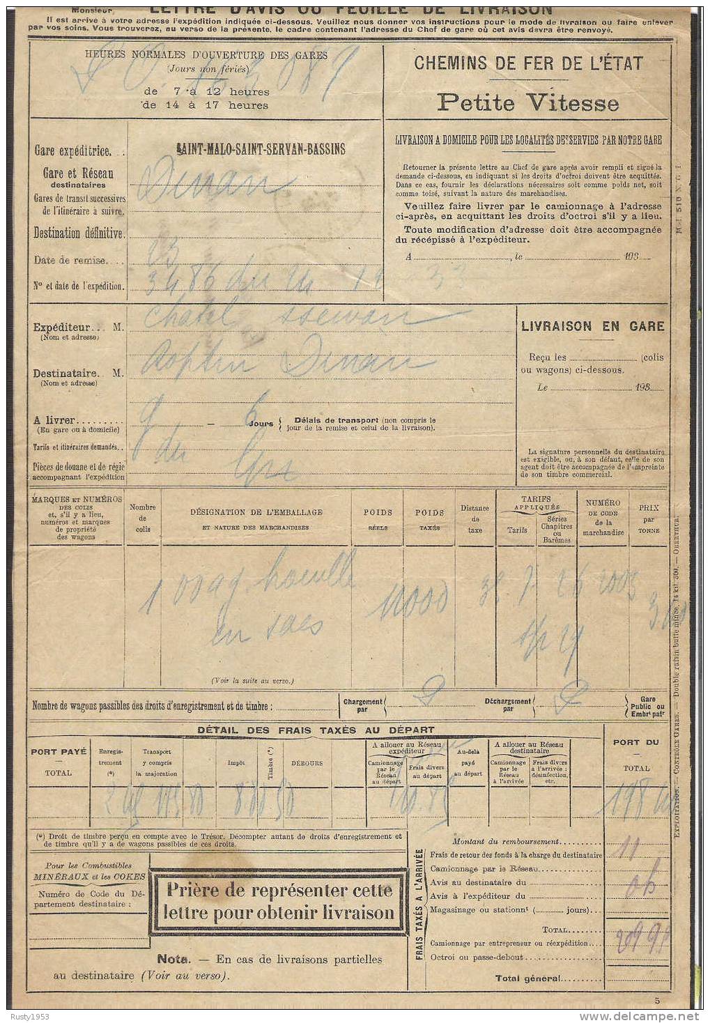 (c)sncf=lettre D'avis Ou Feuille De L'iv-gare Saint-malo Saint-servan (35) Expéditionde Marchandises Gare De Dinan 1933 - Autres & Non Classés