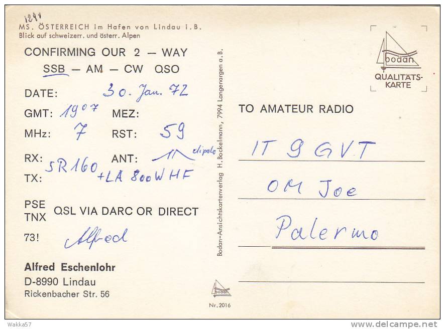 A324- GERMANY - MS OSTERREICH -  QSL CARD - Radio