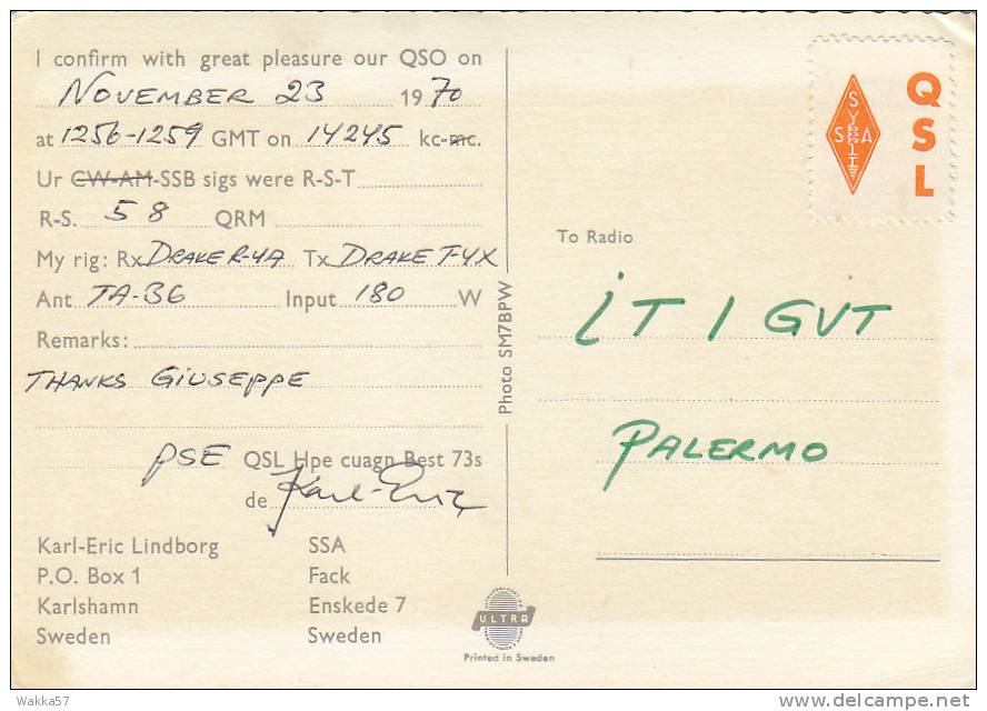 A326- KARLSHAMN SWEDEN -  QSL CARD - Radio