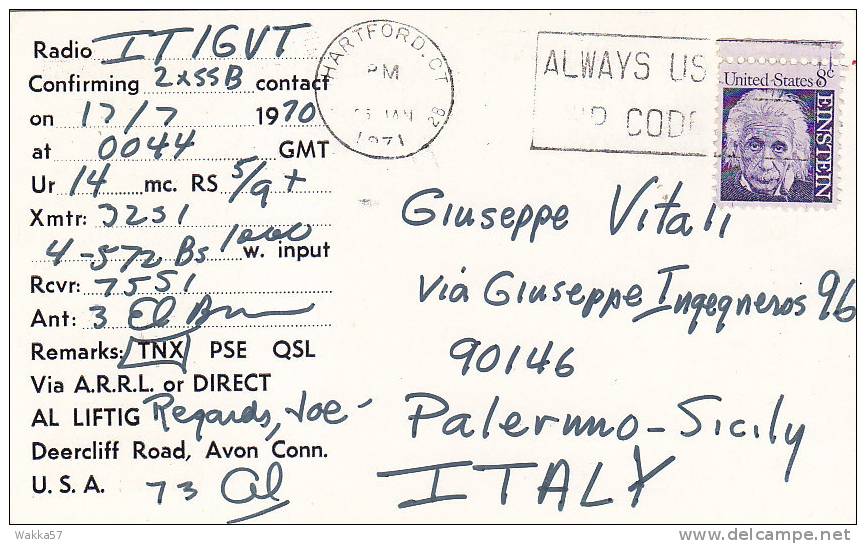 A328- U.S.A. UNITED STATES  -  QSL CARD TO ITALY - Radio