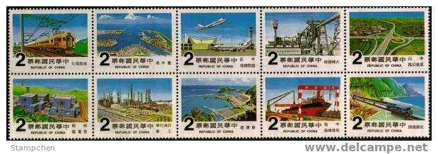 1980 Ten Major Construction Stamps Interchange Plane Train Locomotive Ship - Atom