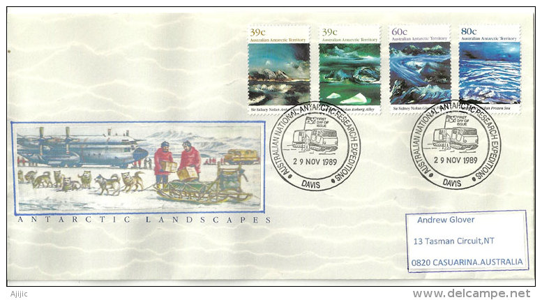 Paysages De L'Antarctique Australien, Série Complète Yv.AAT. 84/87, Lettre Postée à La Base Davis En 1989 - Faune Antarctique