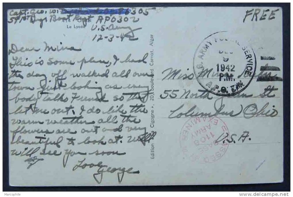 TEBESSA - ALGERIE  / 1942 -  A.P.O. # 302 SUR CARTE CENSUREE POUR LES USA  (ref 867) - Lettres & Documents