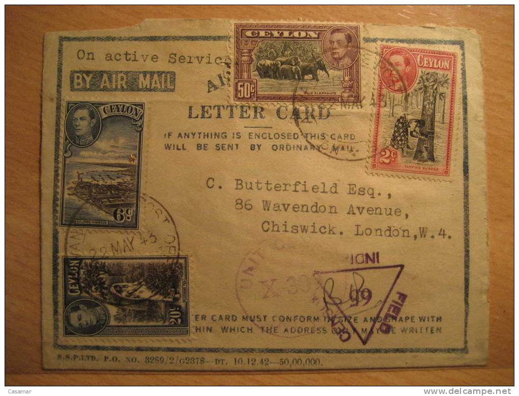 CEYLON INDIA Advance Post 1943 To London GB UK Unit Field Censor Militar Censored Censure Militaire Air Mail Letter Card - 1936-47 Roi Georges VI