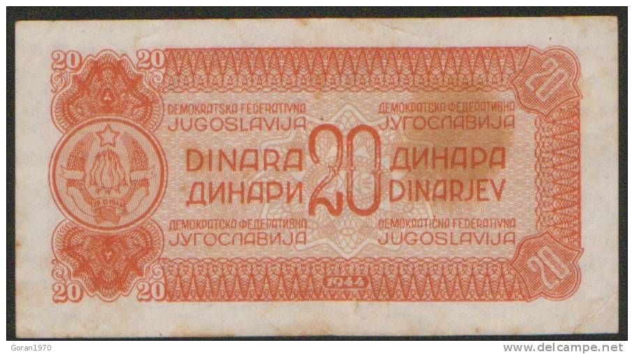 YUGOSLAVIJA 20 DINARA  1944  Pick 51 (PRINTING-SSSR) - Joegoslavië