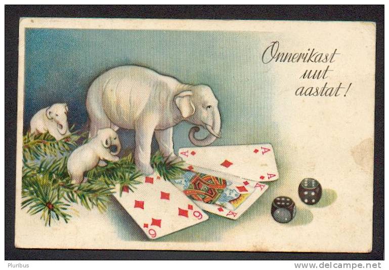 PORCELAIN ELEPHANTS , PLAYING CARDS, BONE DICE ,VINTAGE POSTCARD - Elephants