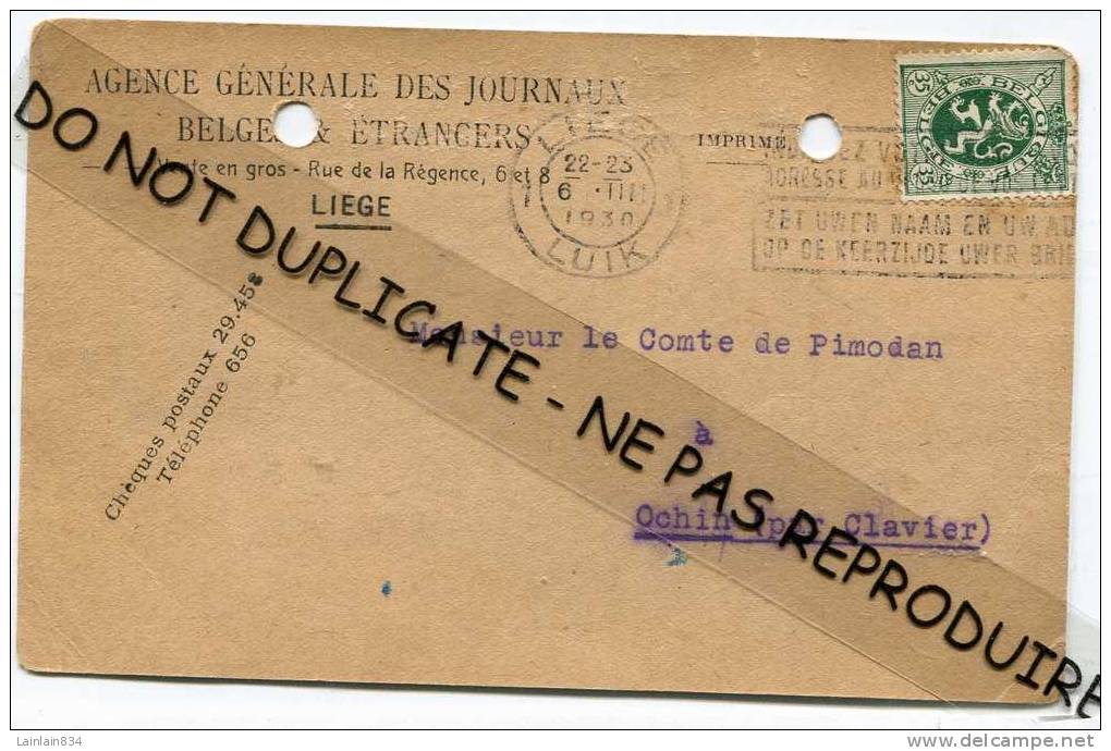 - Carte - 1930 -  Timbre De 35c -  Adressée à Monsieur Le Comte De Pimodan à  Ochin, Cachet LIEGE "LUIK ". - Altri & Non Classificati