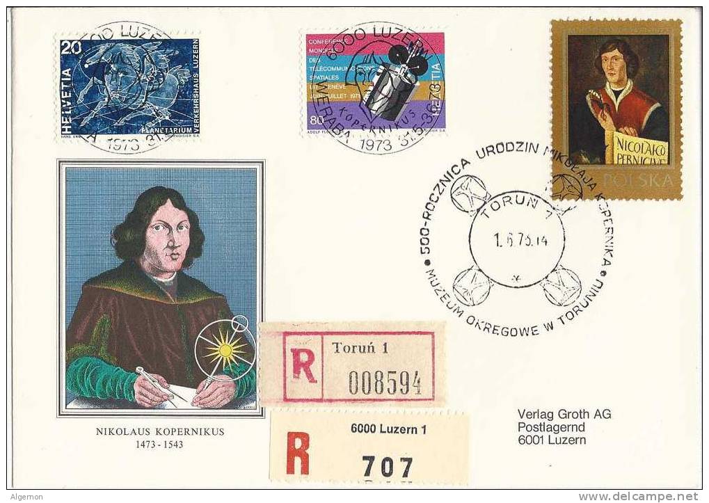 1598 - Nicolas Copernic Lettre Recommandée Oblitération Mixte Luzern Suisse Torun Pologne 1973 - Horlogerie