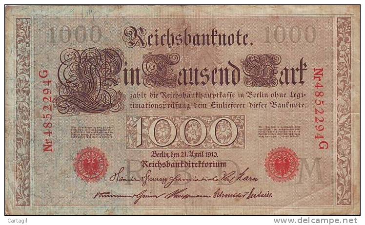 Allemagne - Billet 1000 Reichsmarks Bon état Avec Traces De Circulation De 1910 - 1.000 Mark