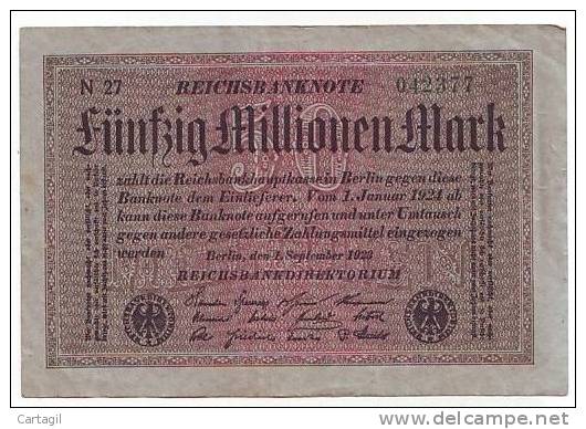 Allemagne - Billet Uniface 50  Millionen  Mark De 1923 ( Nature Et état Voir Scan) - Rare N 27 - 50 Millionen Mark