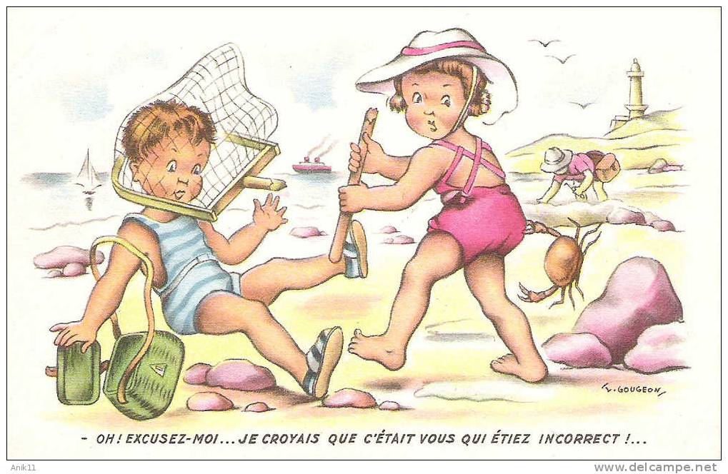 CPA Ilustrateur Gougeon Enfants Sur La Plage - Gougeon