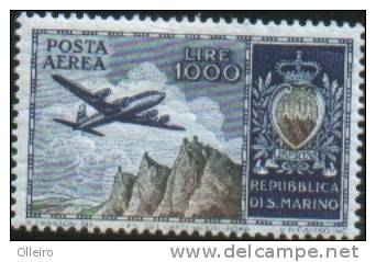 San Marino 1954 P. A. Aereo E Stemma Da 1000L. 1v  ** MNH Freschissimo E Bellissimo - Luftpost