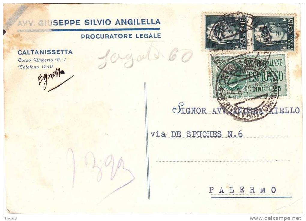 CALTANISSETTA  / PALERMO - Card / Cartolina Pubblicit. 29.08.1942 "Avv. G. Silvio Angilella" - Cent. 15 X 2 + 1,25 Esp - Reclame