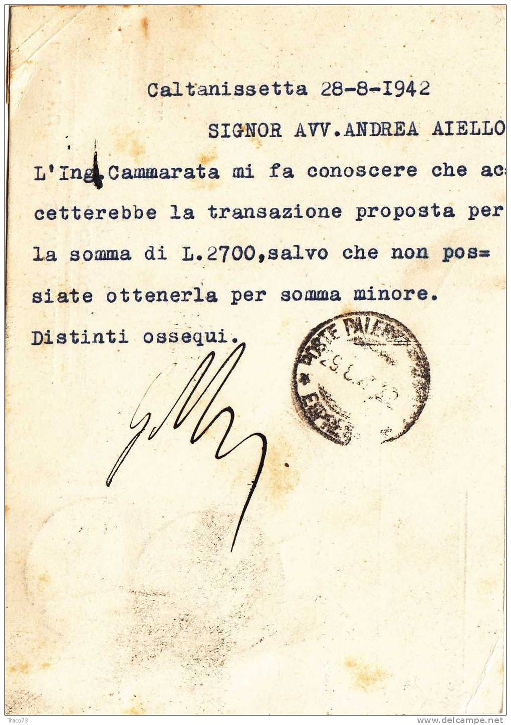 CALTANISSETTA  / PALERMO - Card / Cartolina Pubblicit. 29.08.1942 "Avv. G. Silvio Angilella" - Cent. 15 X 2 + 1,25 Esp - Publicité