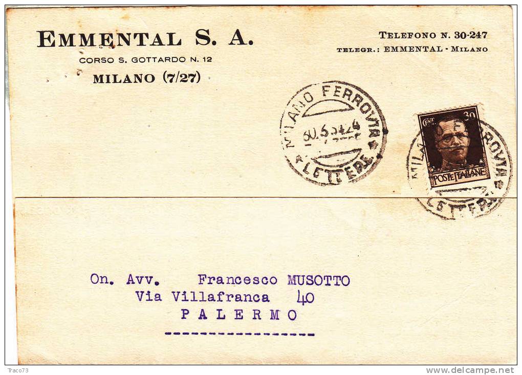 MILANO / PALERMO - Card / Cartolina Pubblicit. 30.03.1934  "EMMENTAL S.A." - Imperiale Cent. 30 - Reclame