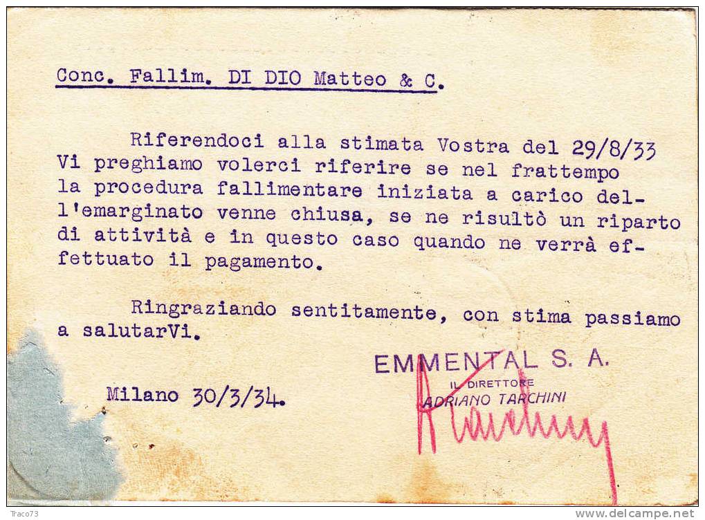 MILANO / PALERMO - Card / Cartolina Pubblicit. 30.03.1934  "EMMENTAL S.A." - Imperiale Cent. 30 - Reclame