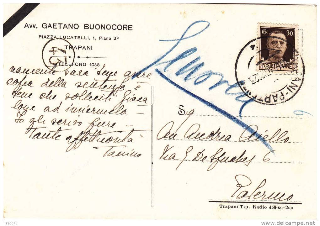 TRAPANI / PALERMO - Card / Cartolina Pubblicit. 10.02.1940?  "Avv. Gartano Bonocore" - Imperiale Cent. 30 - Publicité