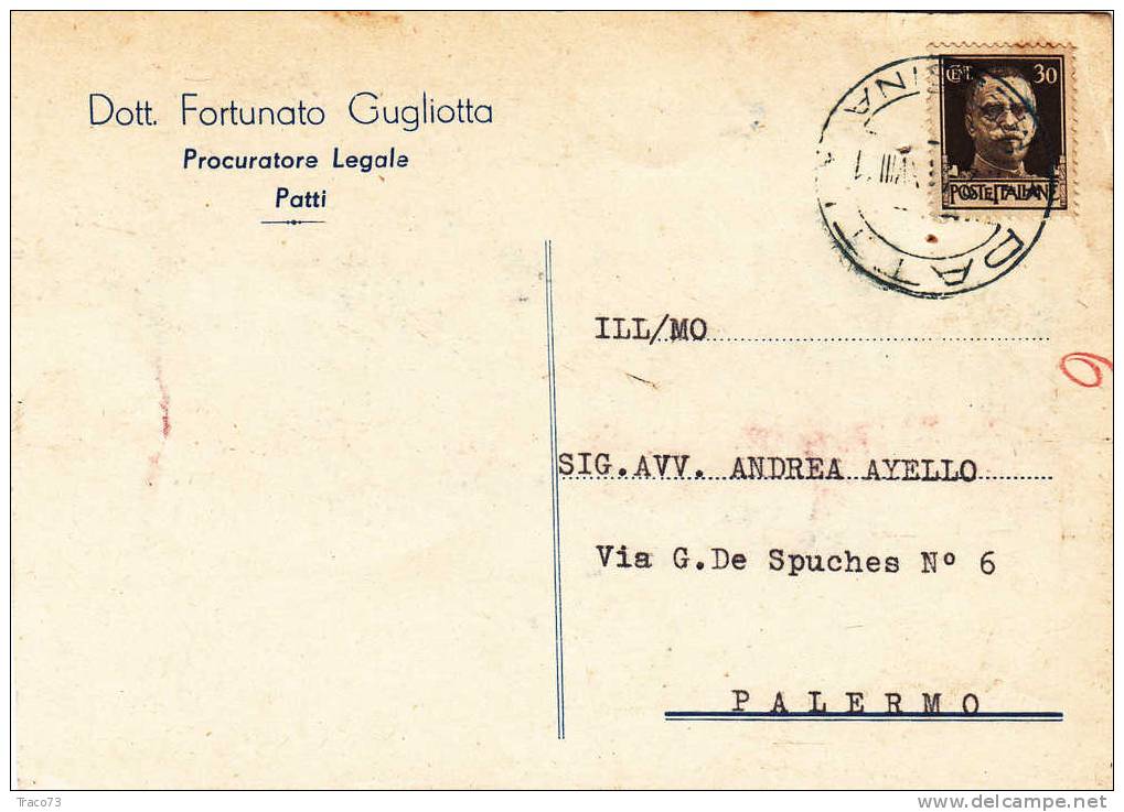 PATTI / PALERMO - Card / Cartolina Pubblicit. 07.02.1941  "Dott. Fortunato Gugliotta " - Imperiale Cent. 30 - Reclame