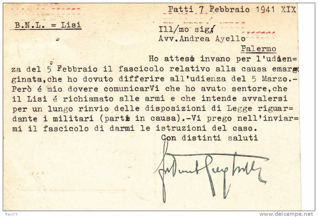 PATTI / PALERMO - Card / Cartolina Pubblicit. 07.02.1941  "Dott. Fortunato Gugliotta " - Imperiale Cent. 30 - Reclame