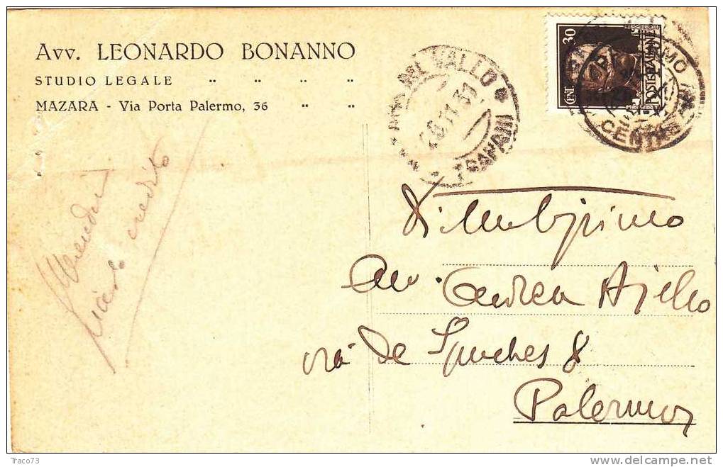 MAZARA / PALERMO - Card / Cartolina Pubblicit. 29.11.1931  "Avv. Leonardo Bonanno " - Imperiale Cent. 30 - Reclame