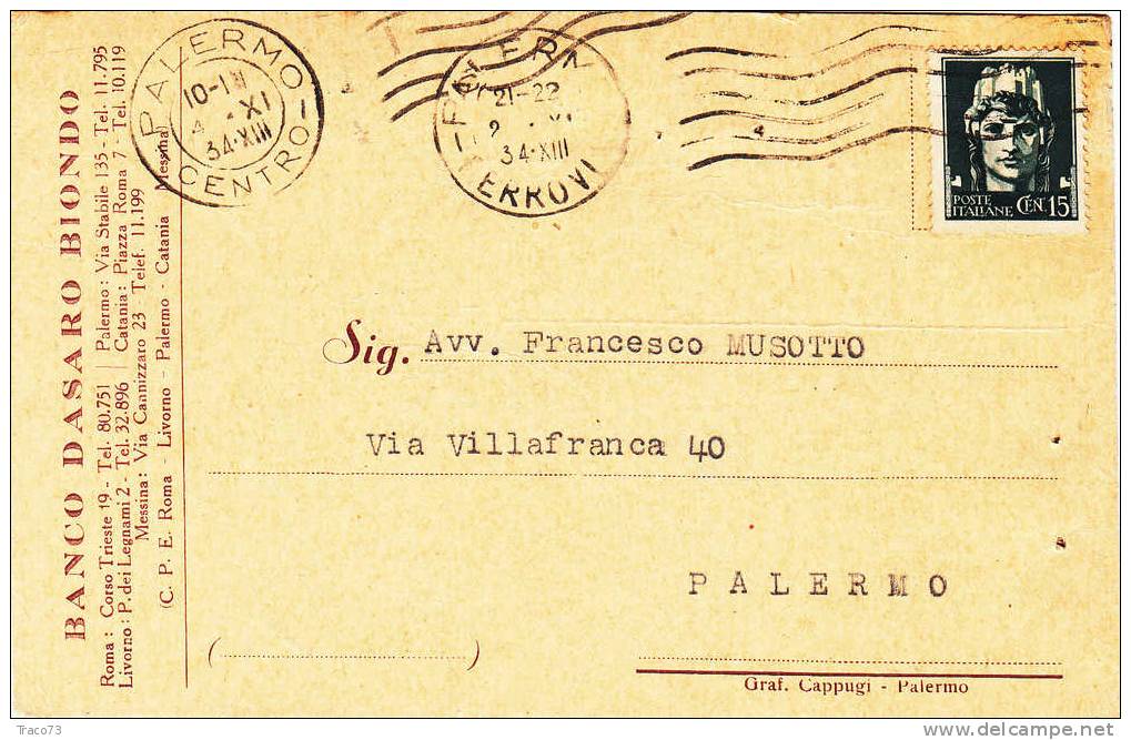 PALERMO / Città - Card / Cartolina Pubblicit. 04.11.1934  " BANCO DASARO BIONDO " - Imperiale Cent. 15 - Reklame