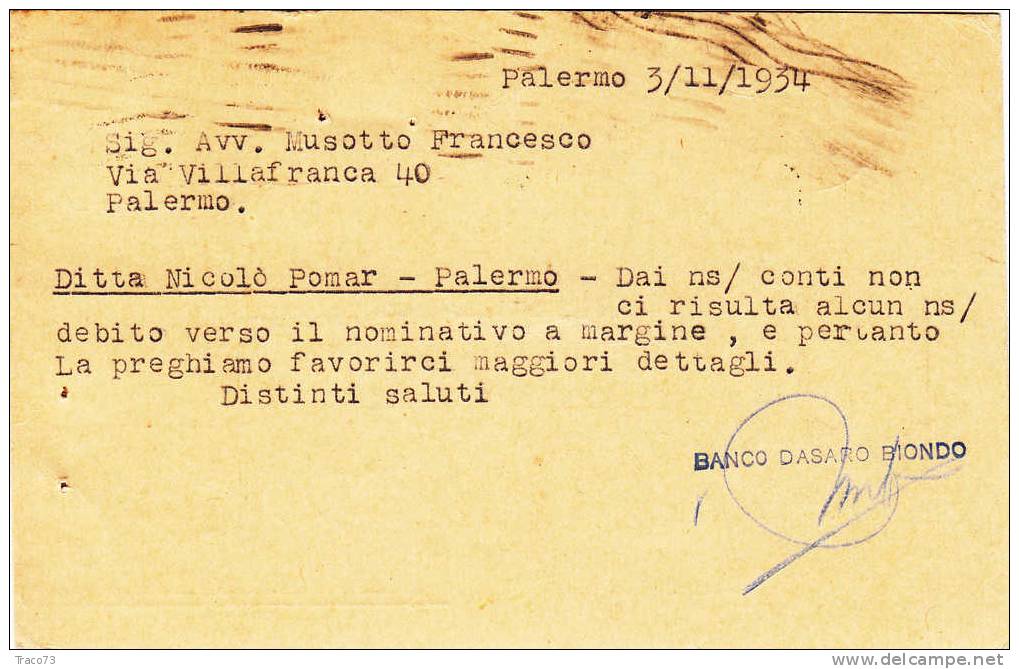 PALERMO / Città - Card / Cartolina Pubblicit. 04.11.1934  " BANCO DASARO BIONDO " - Imperiale Cent. 15 - Reclame