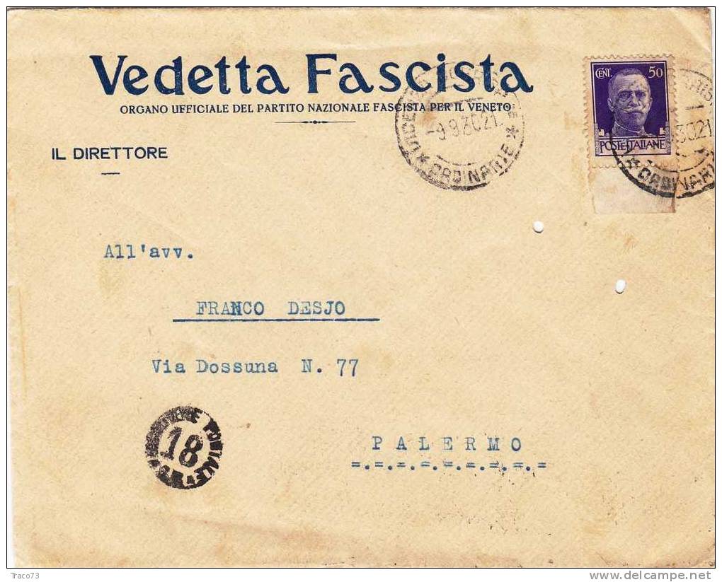 VICENZA / PALERMO  - Annullo A Targhetta - Cover / Lettera Pubblicit. 9.9.1930 " VEDETTA FASCISTA " Cent. 50 - Publicité