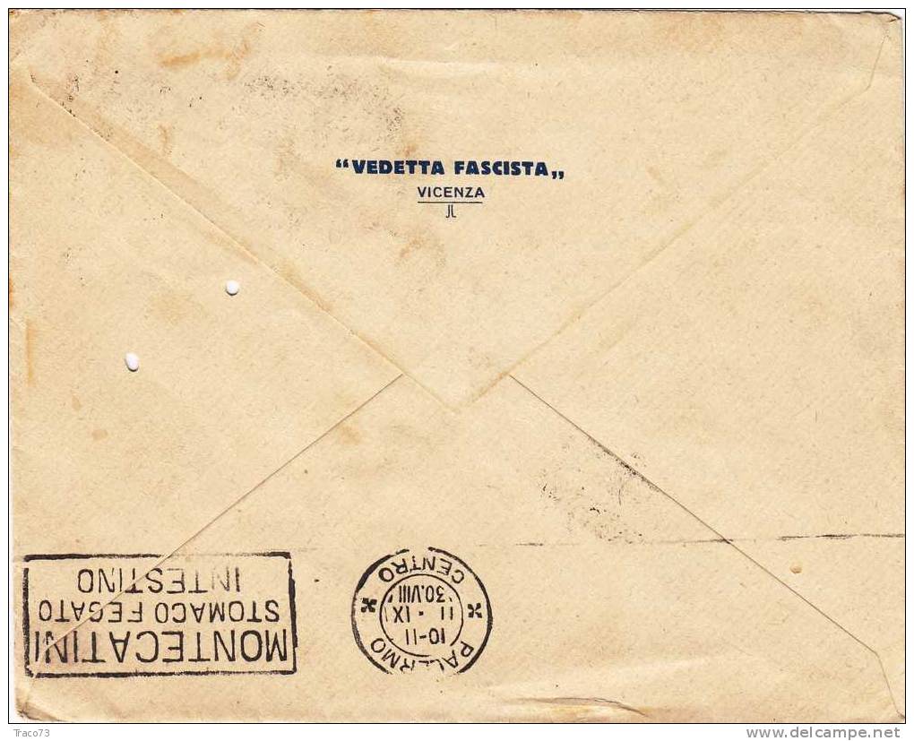 VICENZA / PALERMO  - Annullo A Targhetta - Cover / Lettera Pubblicit. 9.9.1930 " VEDETTA FASCISTA " Cent. 50 - Publicité