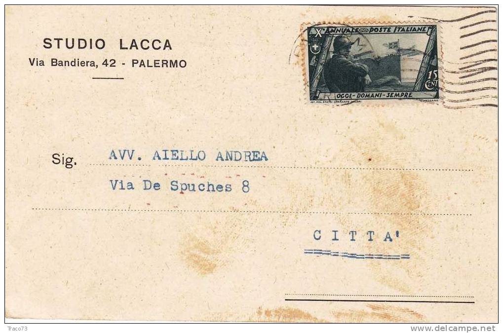 PALERMO - Città - Card / Cartolina Pubblicitaria  24.3.1934 - "STUDIO LACCA " - Cent. 15 - Annuale - Reclame