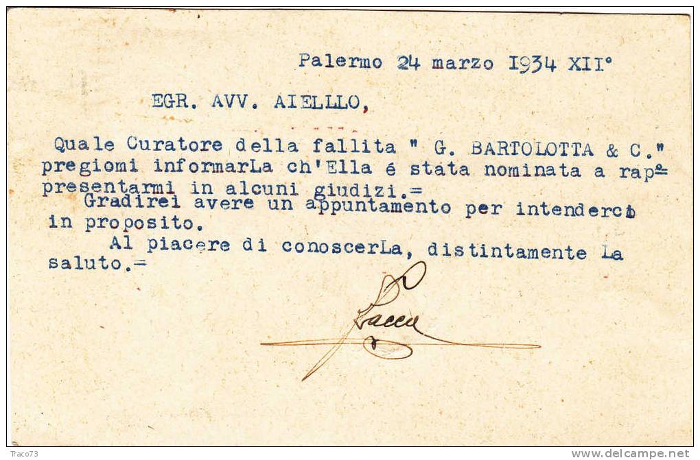 PALERMO - Città - Card / Cartolina Pubblicitaria  24.3.1934 - "STUDIO LACCA " - Cent. 15 - Annuale - Publicité