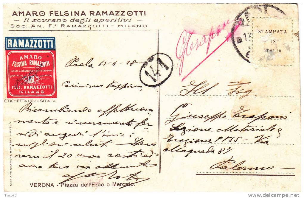 PAOLA - PALERMO - Card / Cartolina Pubblicitaria 13.4.1928 - "AMARO FELSINA RAMAZZOTTI " - Affrancatura Mancante - Reclame