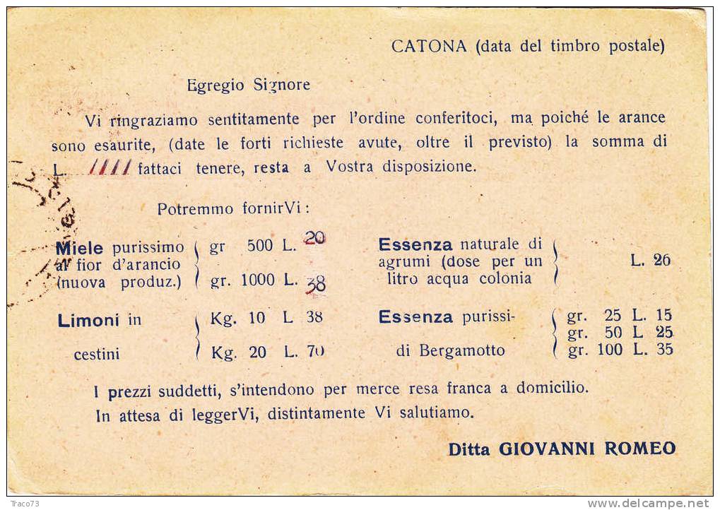 CATONA - ROMA  - Card / Cartolina Pubbl. 12.3.1942? - " Produtt. Esport. Di Agrumi - G. Romeo"  Cent. 10 Isolato - Publicité