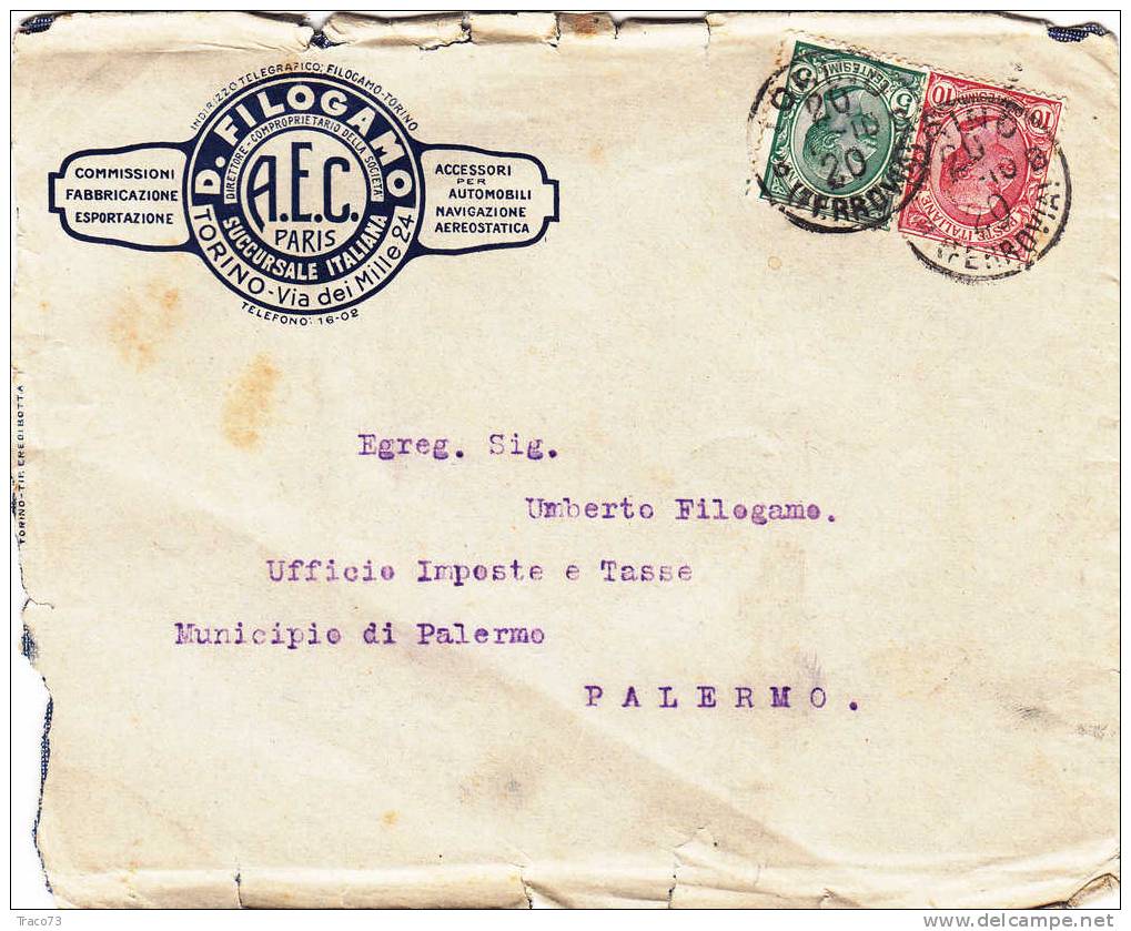 TORINO - PALERMO  - Cover / Lettera Pubbl. 20.1.1910 - " D. FILOGAMO Acc. Per  Autom.-Nav.-Aer. " Cent. 10 + 5 Leoni - Reklame