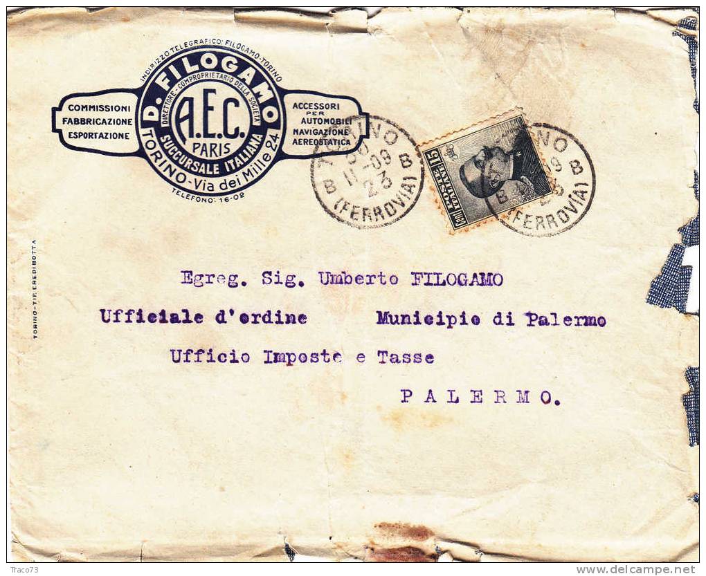 TORINO - PALERMO  - Cover / Lettera Pubbl. 23.11.1909 - " D. FILOGAMO Acc. Per  Autom.-Nav.-Aer. " Cent. 15 Michetti - Publicité