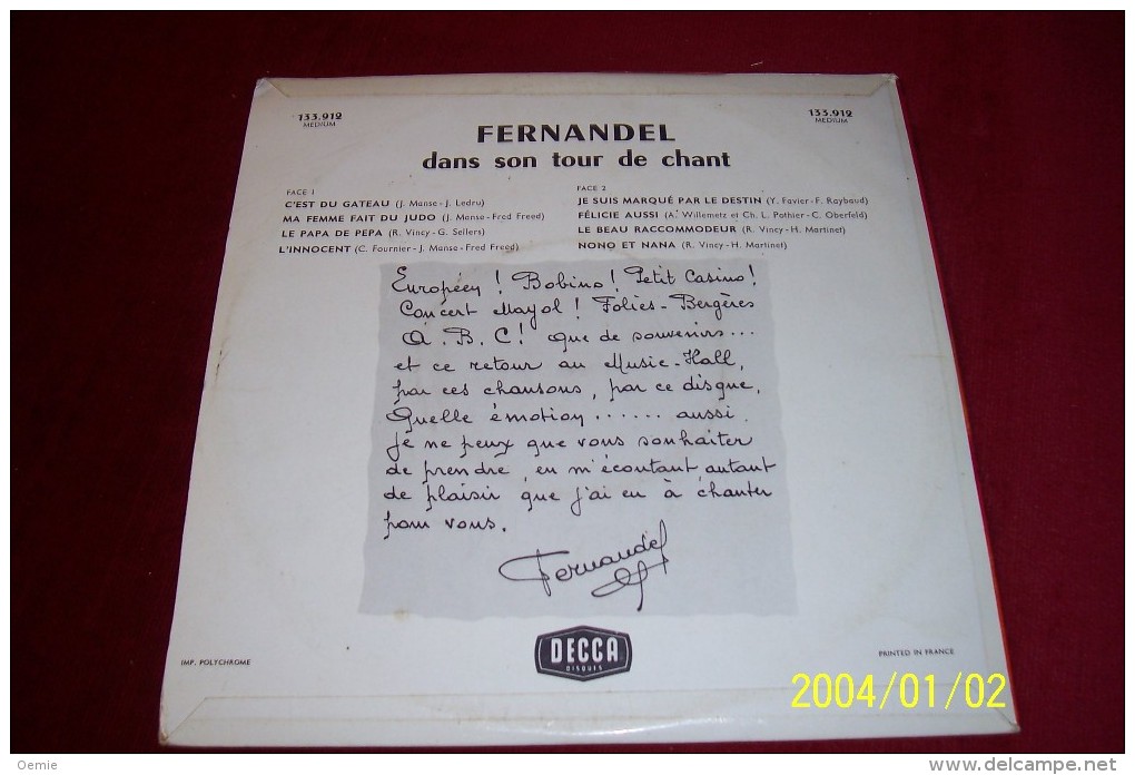 FERNANDEL °  SON TOUR DE CHANT  °  POCHETTE DE KEFFER °  RARE     REF  DECCA  133912 - Special Formats