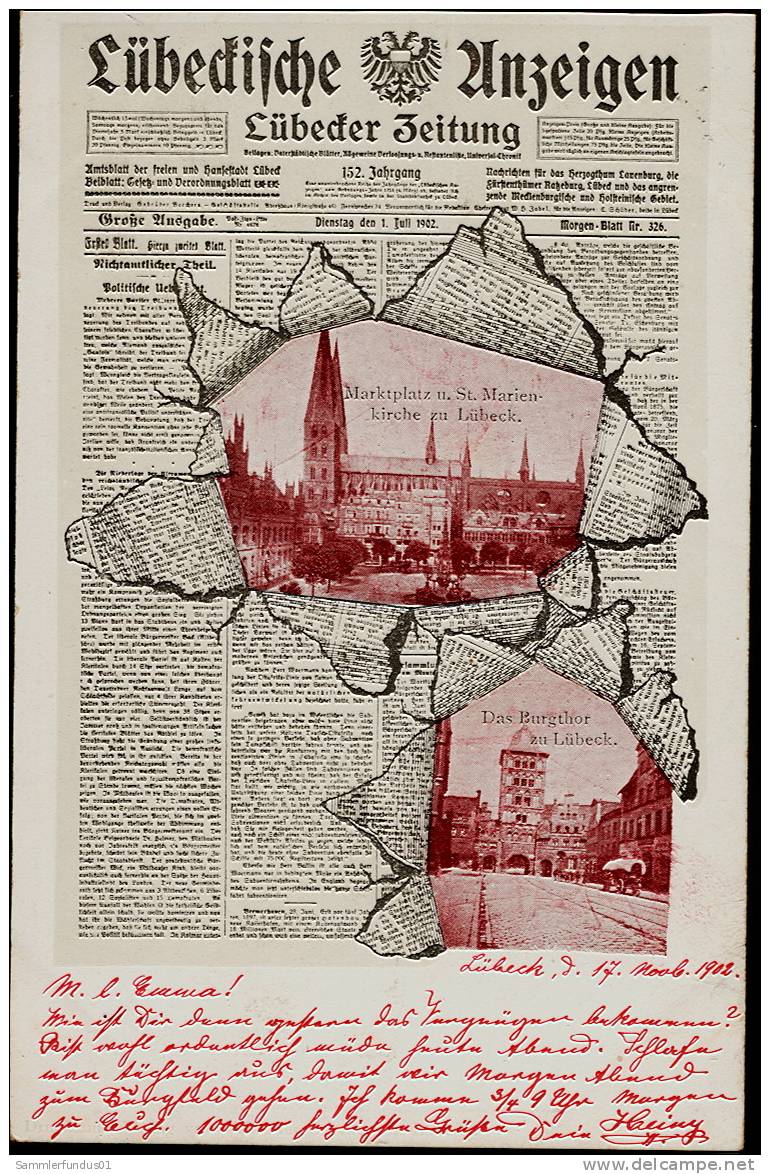 AK/CP LÜBECK  ZEITUNG     Gel/circ. 1902     Erhaltung/Cond. 1- / 2    Nr. 4075 - Lübeck