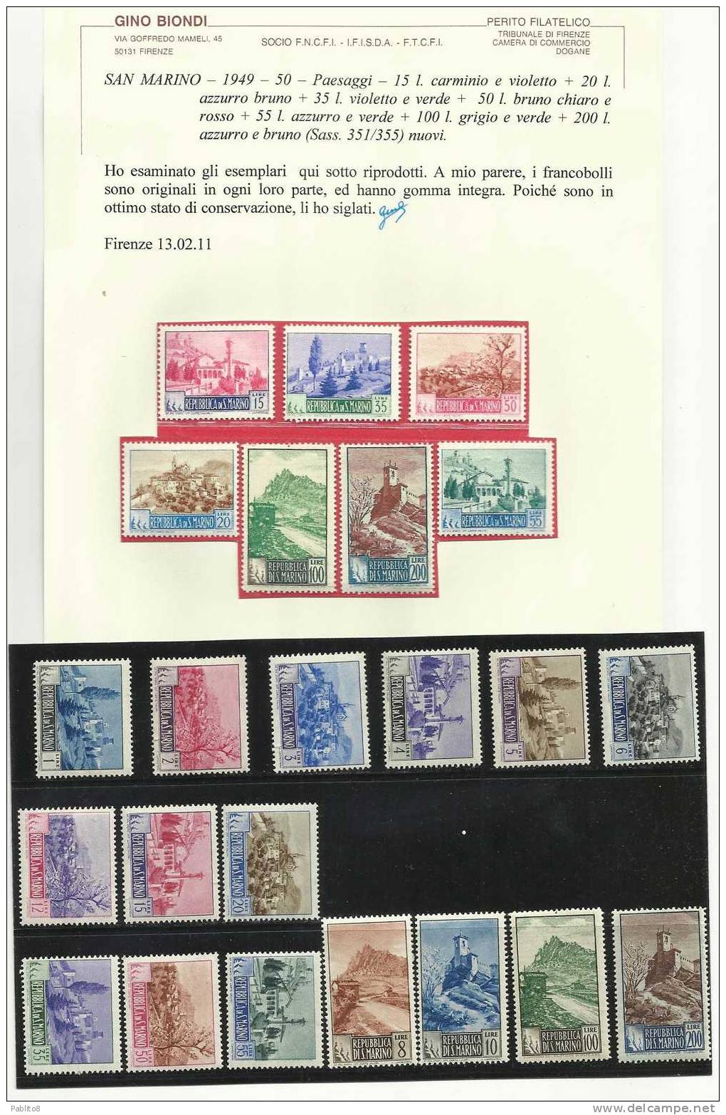 SAN MARINO 1949 PAESAGGI SERIE COMPLETA MNH CON CERTIFICATO - Unused Stamps