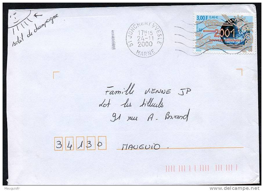 DF / FRANCE SUR LETTRE TP 3357 2001 NOUVEAU MILLENAIRE / OBL. 51 JONCHERY MARNE - Brieven En Documenten