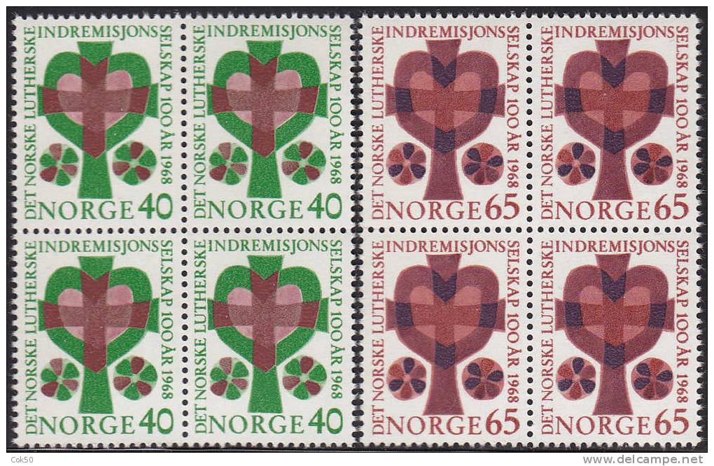 NORWAY 1968 «Inner Mission Assoc. Centenary» Mi# 570-71 - NK# 608-09, MNH Blocks Of 4 - Unused Stamps